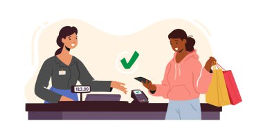 Contactless Payment with Credit Card Reader Machine. Woman in Supermarket Stand at Pos Terminal Make Cashless Paying