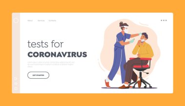 Coronavirus Disease Express Diagnostics Landing Page Template. Nurse Take Covid Test from Male Character in Laboratory