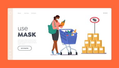 Use Mask Landing Page Template. Customer Character in Face Mask Visit Grocery or Supermarket Choose Goods Put in Trolley