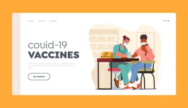 Covid-19 Vaccines and Vaccination Landing Page Template. Doctor Character Injecting Coronavirus Remedy to Patient Arm