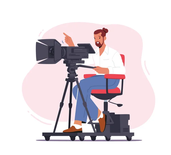 Professional Videographer Male Character Sitting on Special Platform with Camera Record Video, Mass Media Broadcast — Image vectorielle
