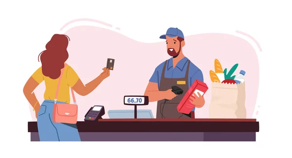 Geen contact Betaling Concept. Vrouwelijke klant Karakter in Supermarkt Bereid Credit Card voor Cashless Online Betalen — Stockvector