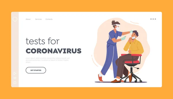 Coronavirus Disease Express Diagnostics Landing Page Template. Nurse Take Covid Test from Male Character in Laboratory — Διανυσματικό Αρχείο