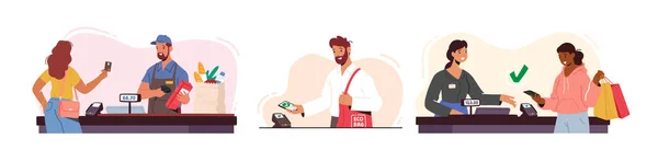 Set of Customer Characters Online Noncontact Payment. Buyers Hold Credit Cards and Gadgets. People with Purchases — Stok Vektör