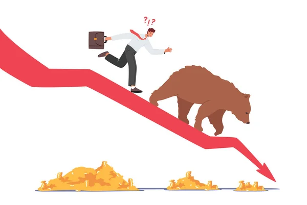 Investitore in affari su Drop Arrow con Bear Going Down the Chart. Mercato azionario in crisi, perdita di denaro panico a Coronavirus — Vettoriale Stock