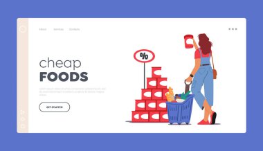 Satın Alım İniş Sayfası Şablonu için Kadın Karakter Ziyaret Mağazası. Alışveriş Arabalı Kadın Müşteri