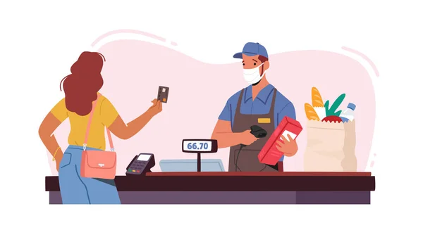 แนวคิดการชําระเงินแบบไม่สัมผัส พนักงานขายในหน้ากากใบหน้าใช้ Pos Terminal ลูกค้าหญิงในซุปเปอร์มาร์เก็ต ซื้ออาหาร — ภาพเวกเตอร์สต็อก