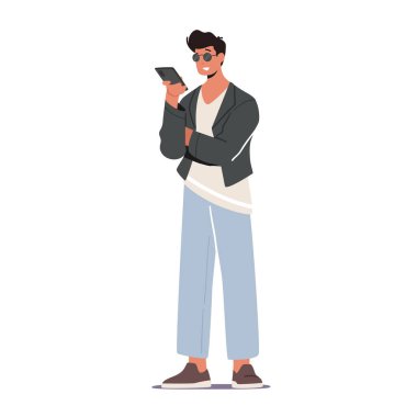 Gadget Bağımlılığı, Cep telefonu İletişim Konsepti. Genç Öğrenci Erkek Karakteri Akıllı Telefonun Ekranına Bakıyor