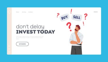 Para İniş Sayfası Şablonu için Mali Yatırım Çözümü. Şüpheci İşadamı Para ve Tahvil Satın Al veya Satın Al