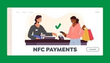 NFC Teknolojileri İniş Sayfa Şablonu. Kart Okuyucu Makinesi ile Temassız Ödeme. Süpermarkette Kadın Karakteri