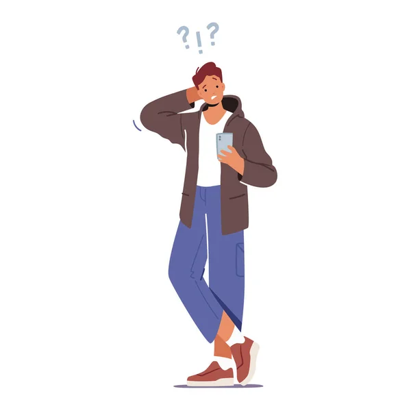 Estudante adolescente confuso Personagem masculino vestindo roupas modernas tentando descobrir com smartphone, conexão móvel —  Vetores de Stock