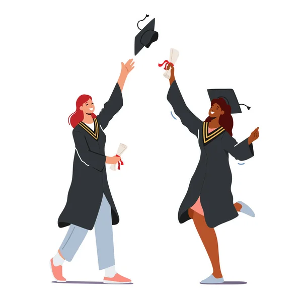 Χαρούμενα νεαρά θηλυκά χαρακτήρες φορούν Μαντλ και Ακαδημαϊκό Cap Κάτοχος Διπλώματος Γιορτάζοντας Αποφοίτηση — Διανυσματικό Αρχείο