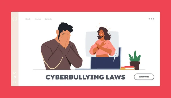 Cyberbullying Laws Landing Page Sablon. Női Show Stop Gesture a PC Monitor-tól. Tini karakter sírás előtt Pc — Stock Vector