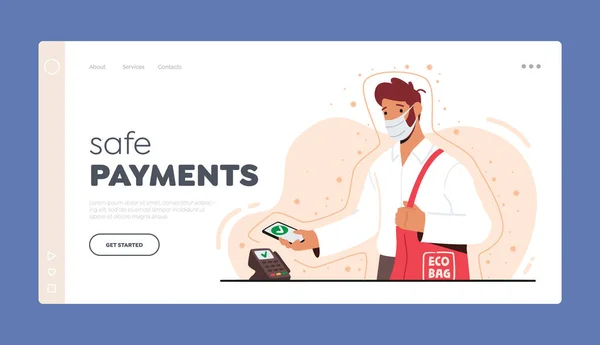 Безпечний NFC Payments Landing Page Template. Людина в масці Використовуйте смартфон для бездротової оплати на касирському стенді — стоковий вектор