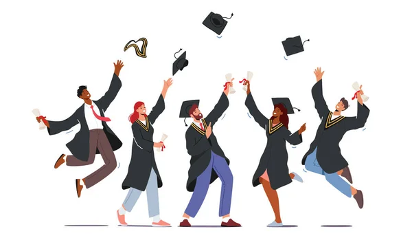 Groep van mannelijke en vrouwelijke personages in graduation jurken en caps verheugen, springen en juichen gelukkig om Diploma te krijgen — Stockvector
