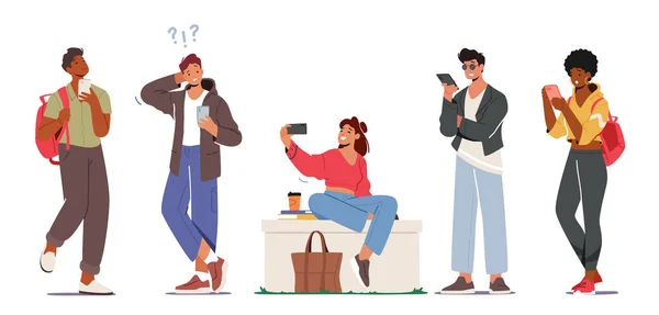 Junge Charaktere mit Telefonen, Kommunikationskonzept für Teenager mit Smartphones. Jugendliche Männer und Frauen mit Mobiltelefonen — Stockvektor