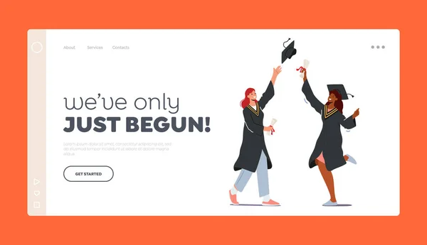 Vrouwen Graduating University Landing Page Template. Vrolijke jonge vrouwelijke karakters dragen panty 's en academische caps — Stockvector