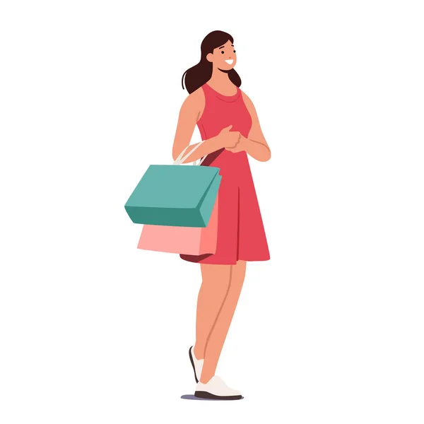 Χαρούμενη πωλήτρια με αγορές σε πολύχρωμες χάρτινες τσάντες. Happy Woman Χρησιμοποιήστε Προσωπική Στυλίστρια Μόδα Υπηρεσία, Καταστήματα — Διανυσματικό Αρχείο