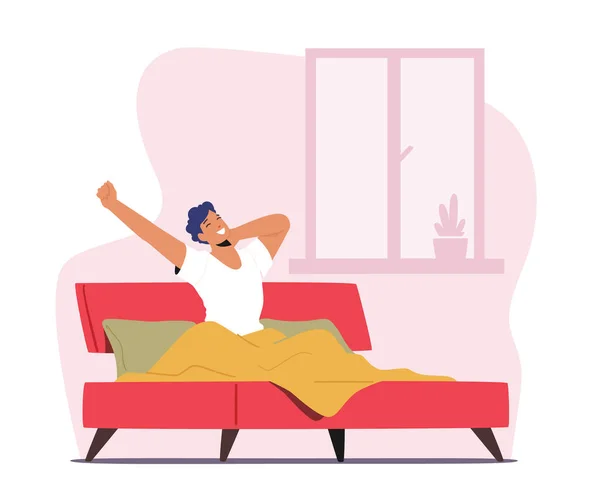 Young Man Waking Up at Morning in Good Mood. Awaken Happy Male Character Stretching Body Sitting on his Bed in Bedroom — Archivo Imágenes Vectoriales