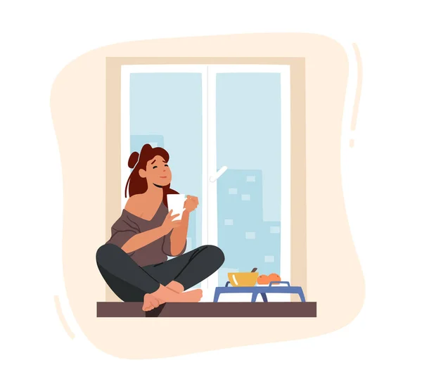 Girl Breakfast, Home Relaxation. Young Woman Sitting on Windowsill with Cup, Drinking Coffee with Fruits at Morning — Vector de stock