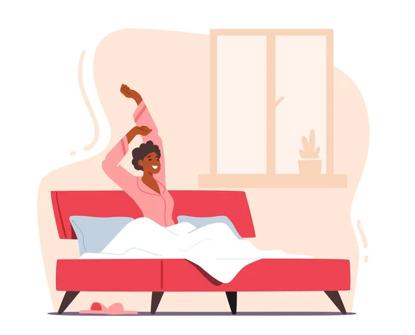 Human Everyday Routine, Lifestyle. Jonge vrouw wordt 's morgens wakker in Good Mood. Wakker gelukkig meisje zittend op bed — Stockvector