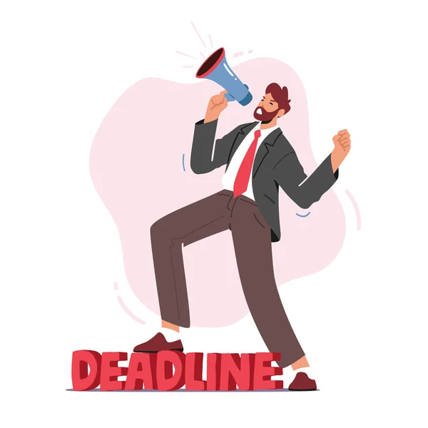 Anxious Businessman Yell in Loudspeaker in Office. Angry Company Boss Character Hurry Workers with Job during Deadline — Archivo Imágenes Vectoriales