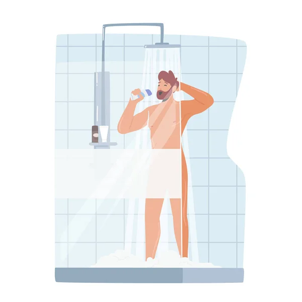 Homme chantant sous la douche, personnage heureux nu Bain Hygiène Procédure de lavage Imaginez-vous comme chanteur avec bouteille — Image vectorielle