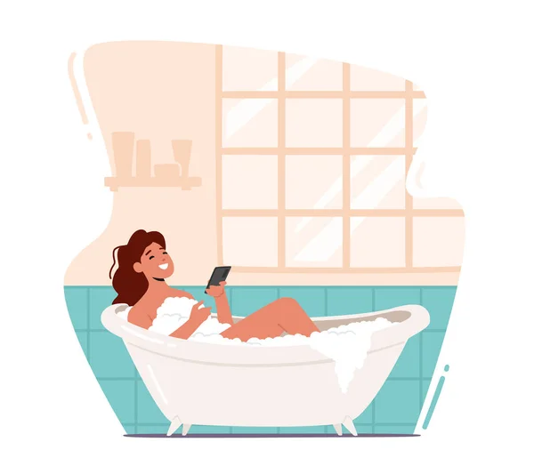 Mujer joven Relajándose en la bañera con Smartphone en las manos. Procedimiento de Higiene y Belleza del Carácter Femenino Feliz — Vector de stock