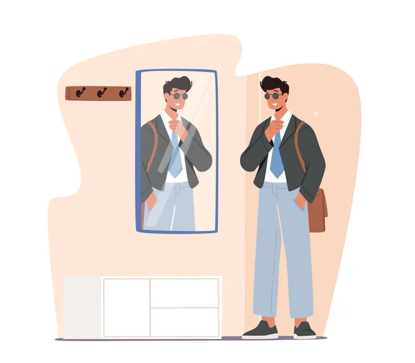 L'homme va travailler. Beau personnage masculin portant des vêtements formels, des lunettes de soleil et un sac debout devant le miroir dans le couloir — Image vectorielle