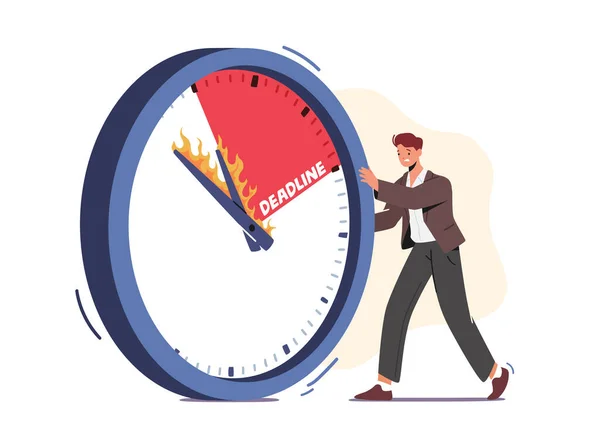 Businessman Character Pushing Huge Clock with Burning Arrows. Time Management, Lack of Time, Work Productivity, Deadline — Stock Vector