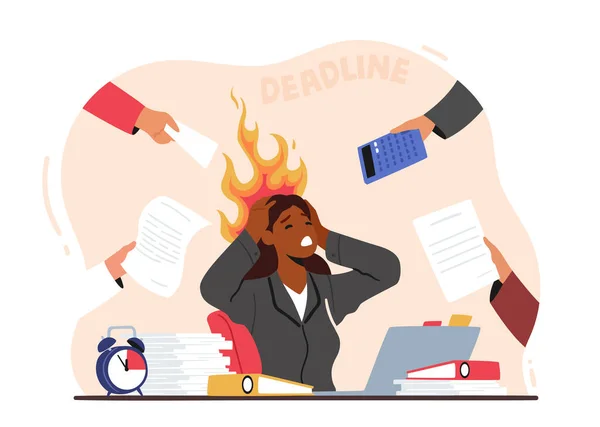 Υπερφορτωμένο Business Woman κρατώντας Burning Head με τα χέρια που κάθονται στο χώρο εργασίας με Messy έγγραφα Άλμα στο γραφείο — Διανυσματικό Αρχείο