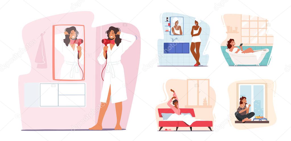 Set Women Daily Routine Concept. Young Female Characters Morning Hygiene Procedures Brushing Teeth, Taking Bath