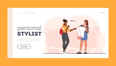 Kişisel Stilist İniş Şablonu. Kız ve Profesyonel Moda Stilisti Kıyafet Seçmek İçin Giysi Mağazasını Ziyaret Etti