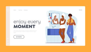 Çift Karakterleri Sabah Hijyen Prosedürü, Diş fırçalama Rutin İniş Şablonu. Genç Kadın ve Erkek Fırçalama