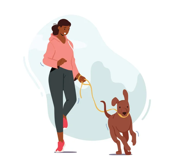 Girl Walking with Dog Outdoors, Female Character Run with Funny Pet, Woman Exercising, Jogging at Morning with Puppy — Stock Vector