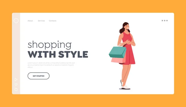 Αγορές με πρότυπο Style Landing Page. Shopaholic Girl with Purchases in Colorful Paper Bags Χαρούμενη γυναίκα ψώνια — Διανυσματικό Αρχείο