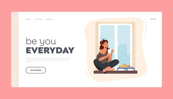 Meisje ontbijten, Home Relaxation Landing Page Template. Jonge vrouw zit op Windowsill met Cup, Drink koffie — Stockvector