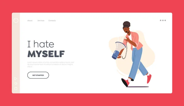 Plantilla de Landing Page de Self Iger. Personaje femenino gritándose a sí misma a través de un altavoz. Mujer necesita ayuda psicológica — Vector de stock