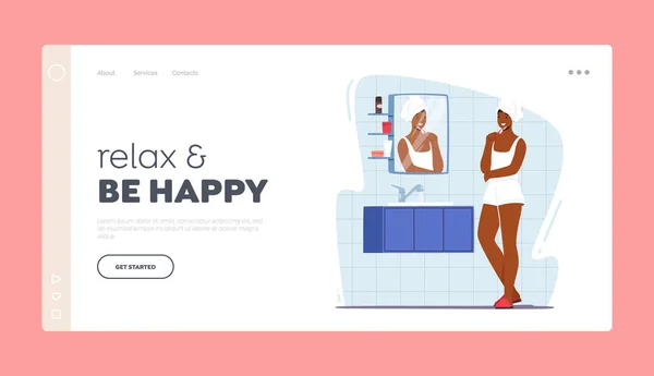 Relájate y sé feliz con la plantilla de landing page. Mujer cepillándose los dientes. Procedimiento de higiene del carácter femenino en el baño — Vector de stock