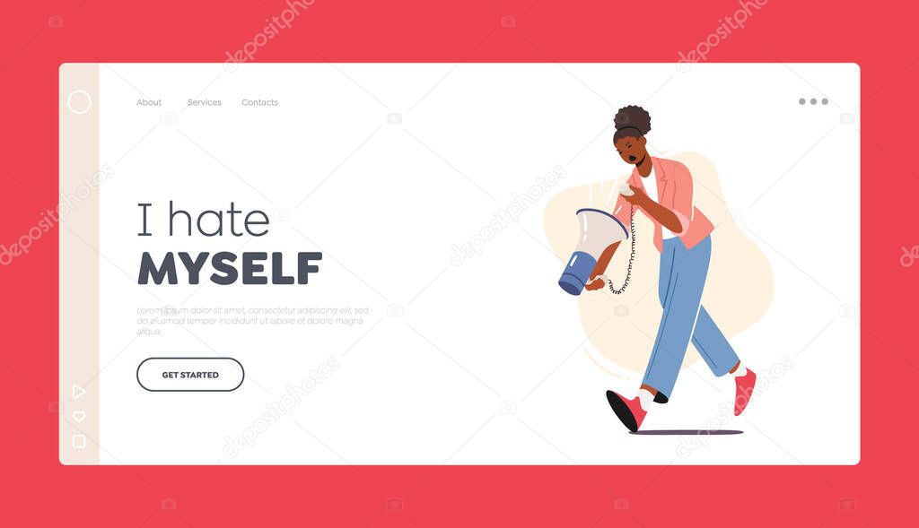 Self Anger Landing Page Template. Female Character Yelling on herself through Loudspeaker. Woman need Psychological Help