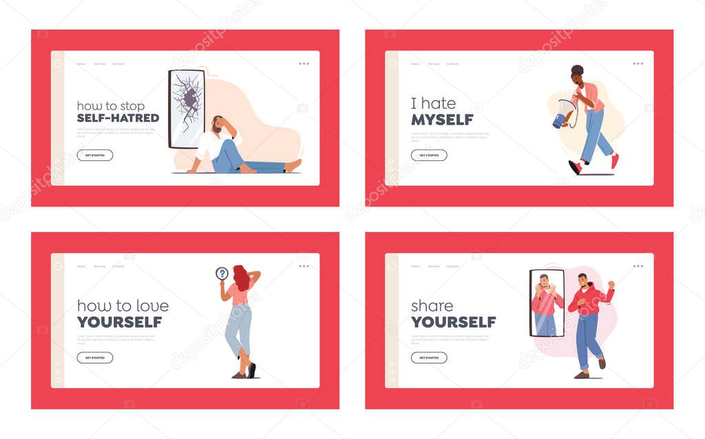 Self Anger, Loathing, Low Esteem Landing Page Template Set. Characters Look in Mirror Unhappy with their Reflection