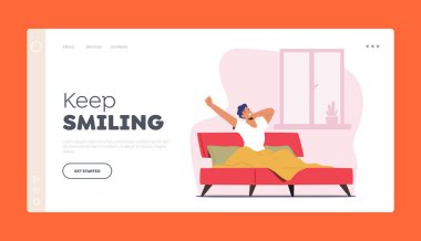 Genç Adam Sabah İniş Sayfası Şablonu 'nda Uyanıyor. Mutlu Erkek Karakteri Gergin Vücut Kalktıktan sonra Yatağında Oturuyor