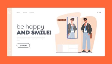 Çalışan Adam İniş Şablonu. Aynanın Önünde Resmi Giysi, Güneş Gözlüğü ve Kemer Çantası Giyen Yakışıklı Karakter