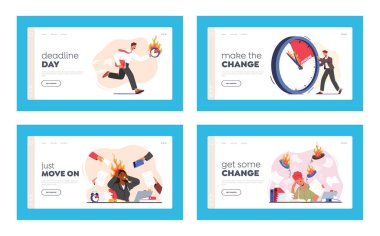 İş Karakteri İniş Sayfa Şablonu Ayarlamasında Son Teslim Tarihi. Dağınık Ofiste Yanan Saatli Tezgâhtarlar. Zaman eksikliği