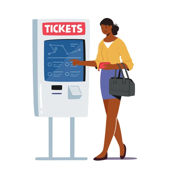 Character Use Self Ordering Tickets Service in Metro or Railway Station. Woman Choose Route on Digital Device Screen — Stock Vector