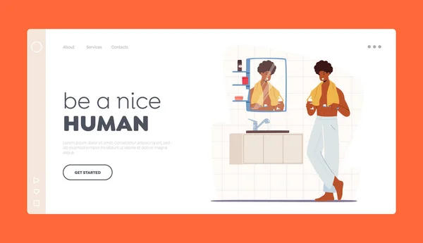 Mann putzt Zähne Landing Page Template. Junge hübsche afrikanische männliche Figur in Nachtwäsche mit Handtuchhalter am Spiegel — Stockvektor