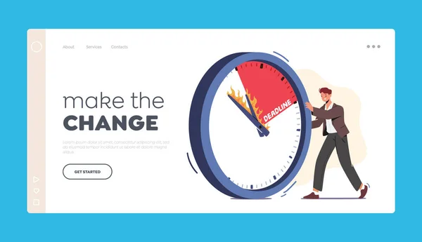 Business Working Process, Deadline Landing Page Template. Персонаж бизнесмена толкает огромные часы с горящими стрелками — стоковый вектор