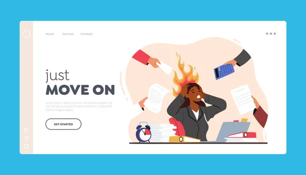 Deadline en tijdgebrek landing pagina sjabloon. Overbelaste zakenvrouw met brandend hoofd zittend op rommelige werkplek — Stockvector