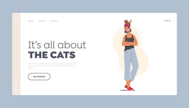 Sevgiler, Hayvanların Bakımı İniş Sayfa Şablonu. Kafasında Kedi Oturan Mutlu Kadın. Hayvanlara Bakan Kadın Karakteri