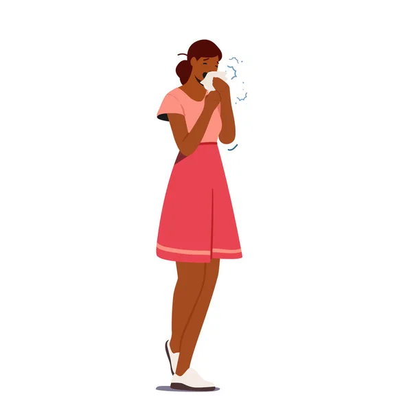 Enferma carácter femenino estornudando con secreción nasal. Infección por gripe contagiosa o enfermedad viral Síntomas. Mujer enferma — Archivo Imágenes Vectoriales